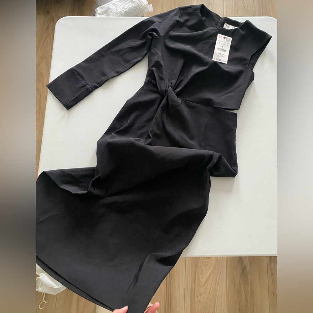 Zara Black Cut Out Midi Dress cotton blend one long sleeve Pleated knot ZW NWT - Picture 14 of 16